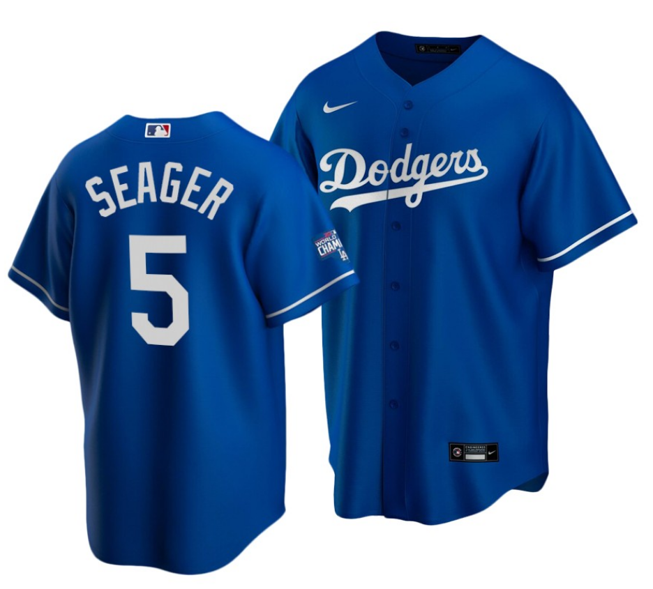 Men's Los Angeles Dodgers #5 Corey Seager Royal 2020 World Series Champions Home Patch Cool Base Stitched Jersey